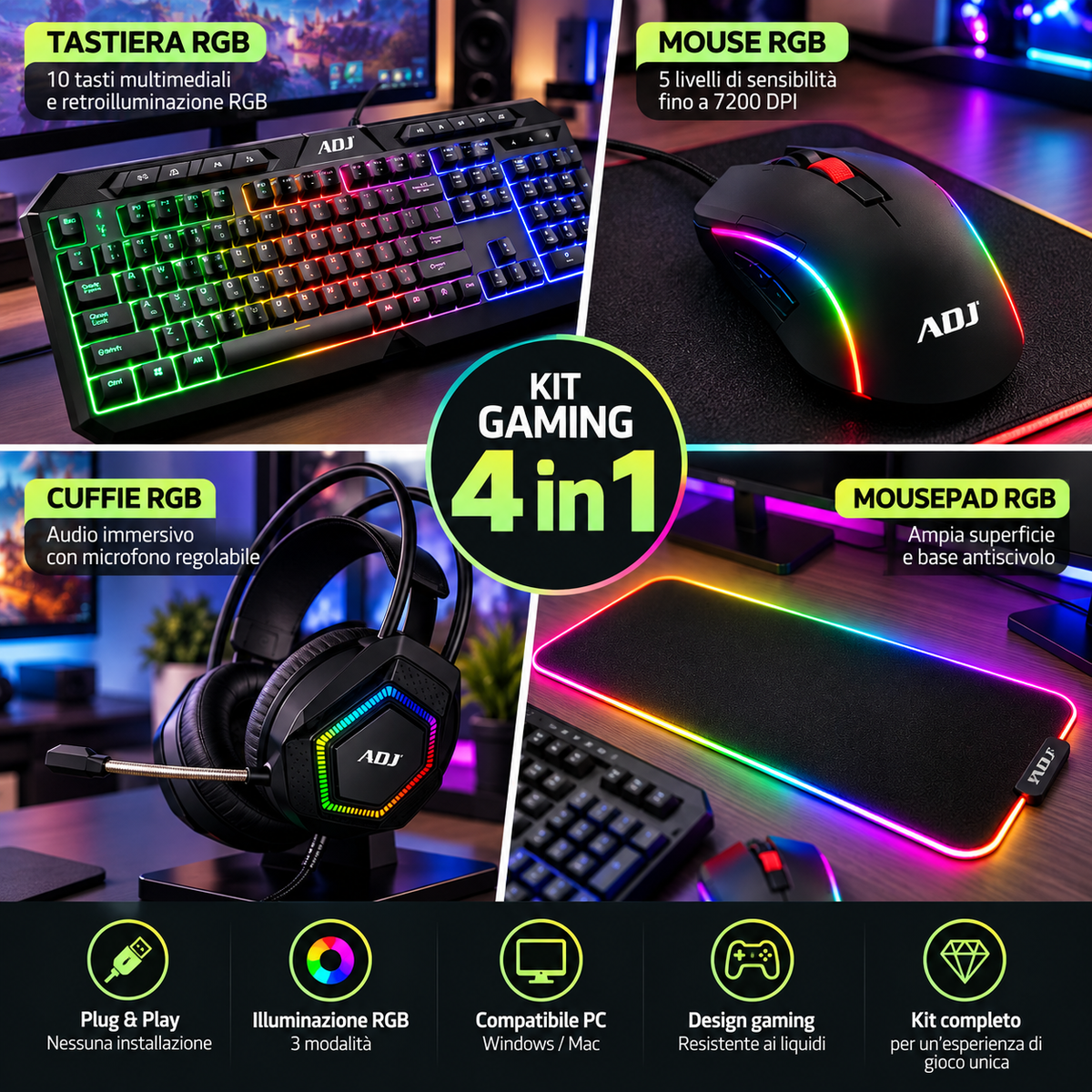 Kit Gaming 4 in 1 RGB con Tastiera, Mouse 7200 DPI, Cuffie con Microfono e Mousepad XXL
