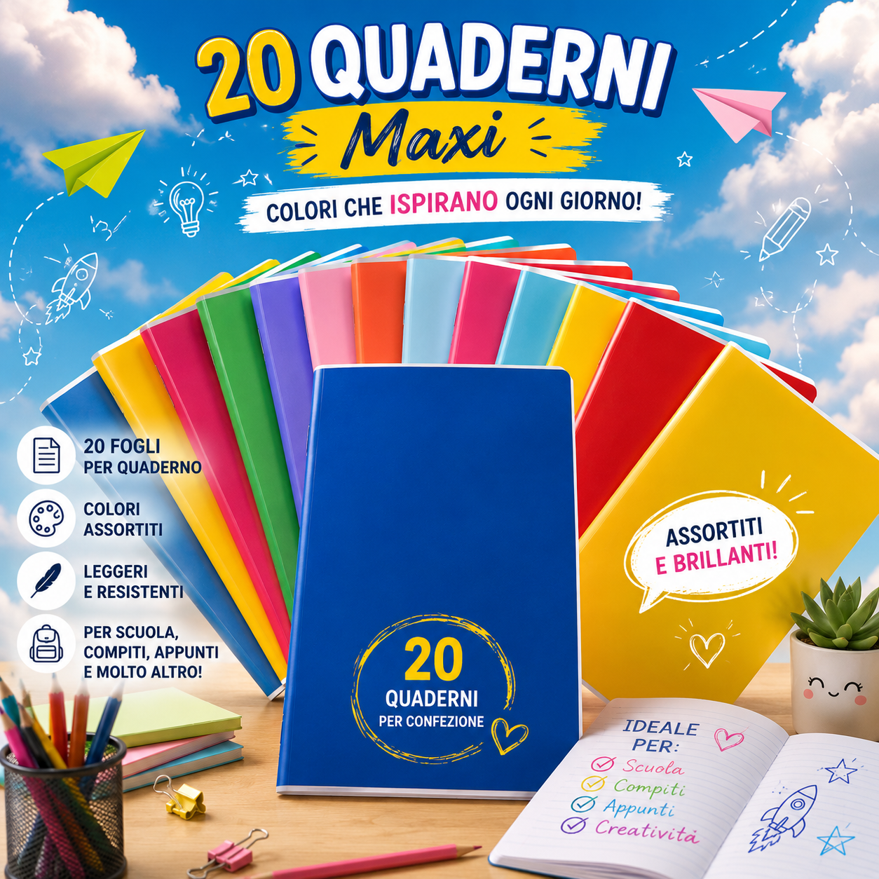 Confezione 20 Quaderni Maxi  – Righe o Quadretti, Colori Assortiti