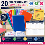 Confezione 20 Quaderni Maxi  – Righe o Quadretti, Colori Assortiti