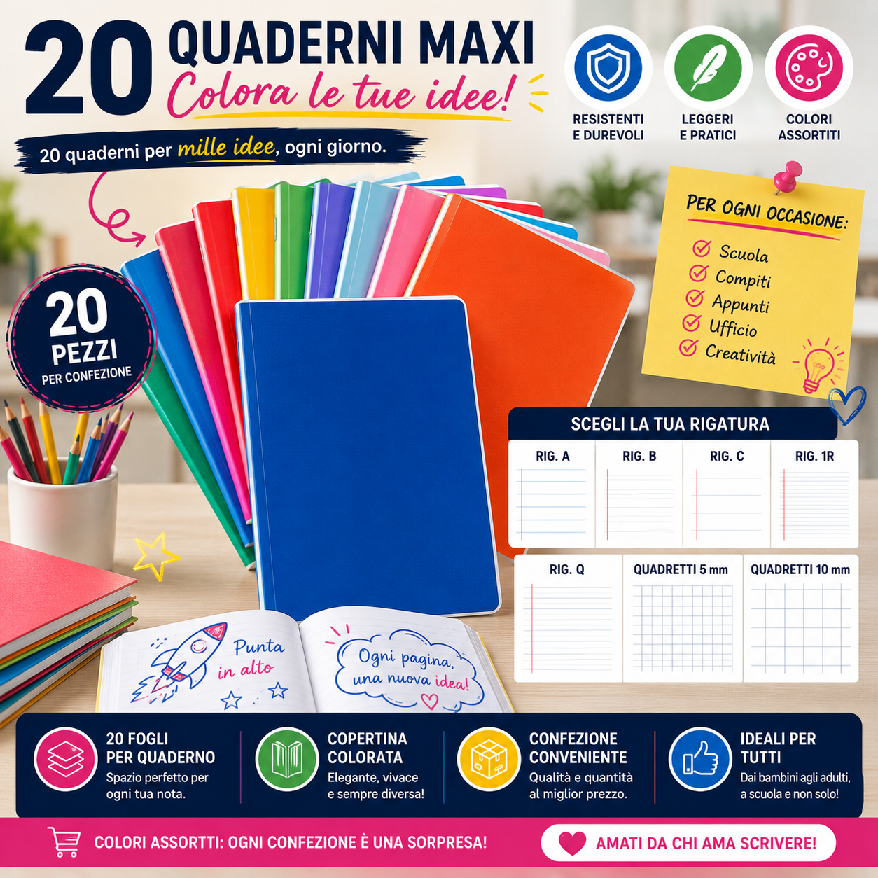 Confezione 20 Quaderni Maxi  – Righe o Quadretti, Colori Assortiti