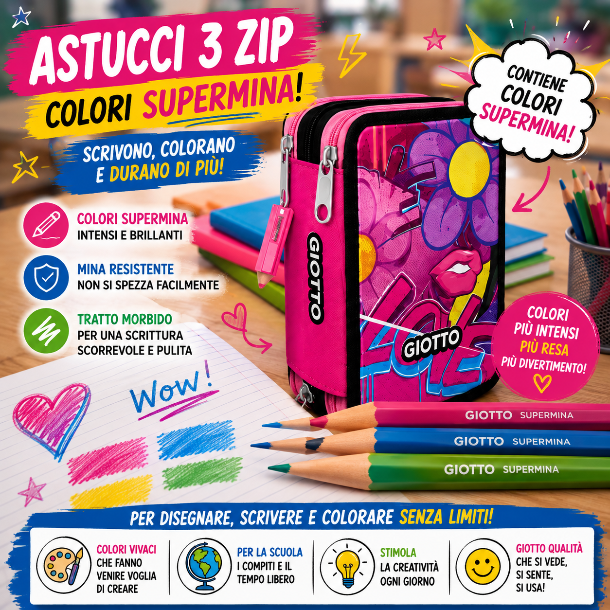 Astuccio Giotto 3 Zip Completo con Pastelli Giotto SUPERMINA e Pennarelli Turbo Color – 3 Grafiche Disponibili