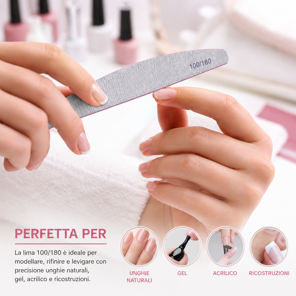 50 Pz Lima Unghie Professionale Mezza Luna 100/180 Lavabile per Ricostruzione e Gel Doppia Grana Ergonomica per Manicure e Pedicure
