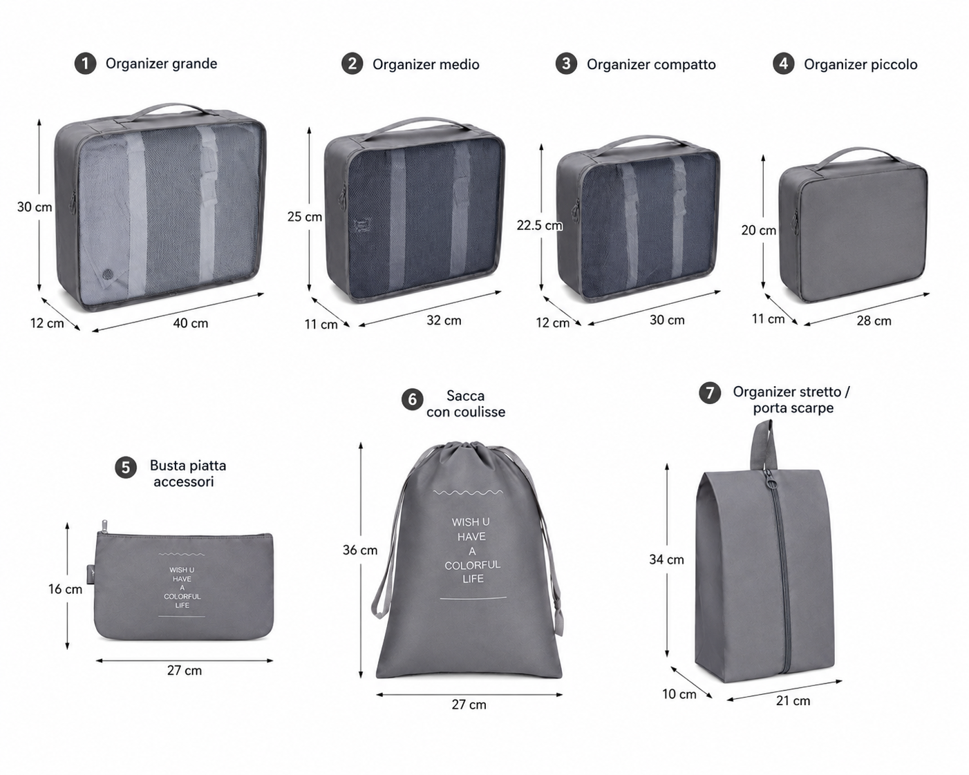 Set Organizer Valigia 7 Pezzi Pieghevoli e Multiuso – Grigio