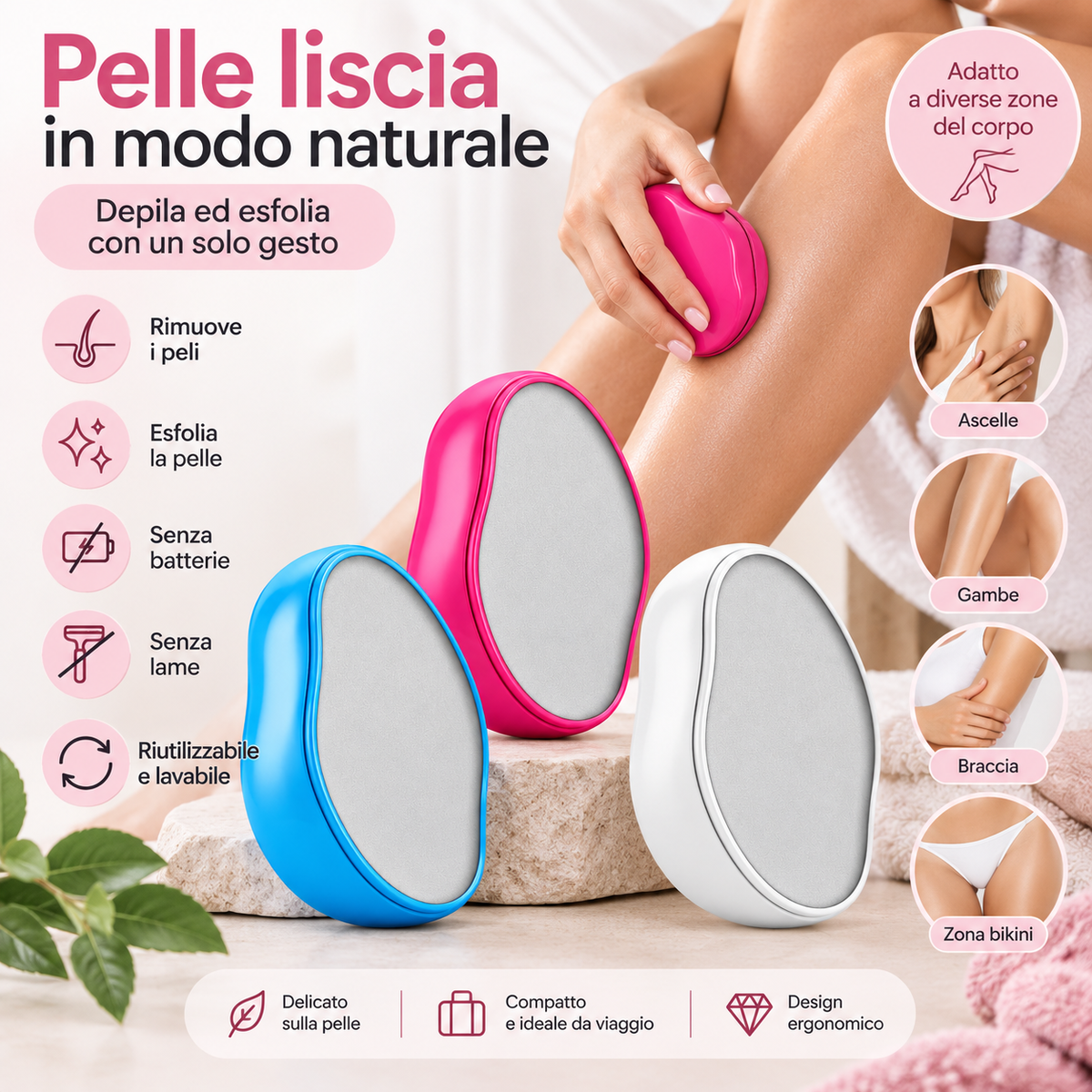 Depilatore Manuale in Cristallo Esfoliante – Rimuovi Peli Riutilizzabile per Corpo