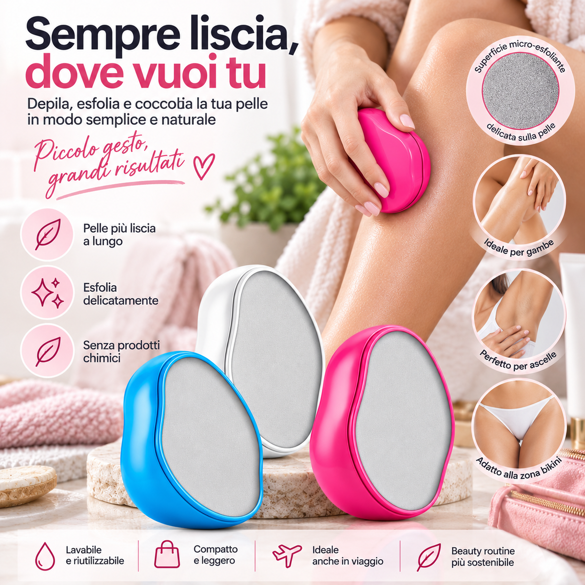 Depilatore Manuale in Cristallo Esfoliante – Rimuovi Peli Riutilizzabile per Corpo