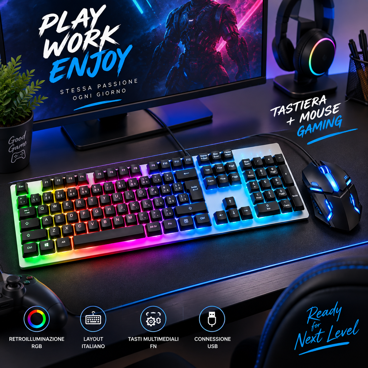 Kit Gaming Tastiera Meccanica RGB Layout Italiano + Mouse Gaming