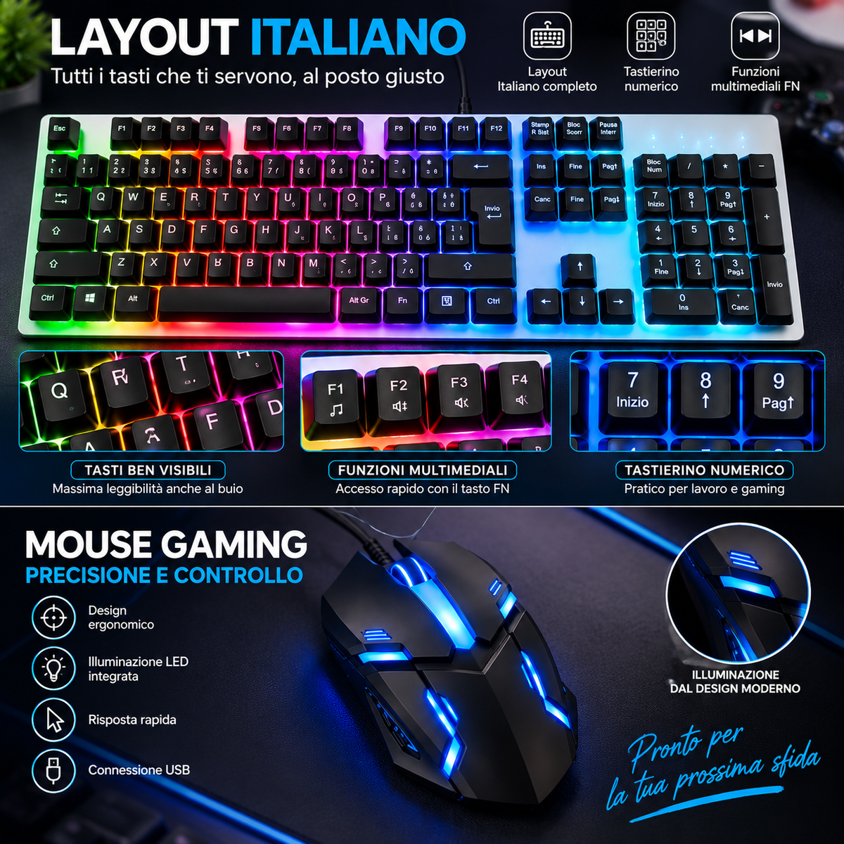 Kit Gaming Tastiera Meccanica RGB Layout Italiano + Mouse Gaming