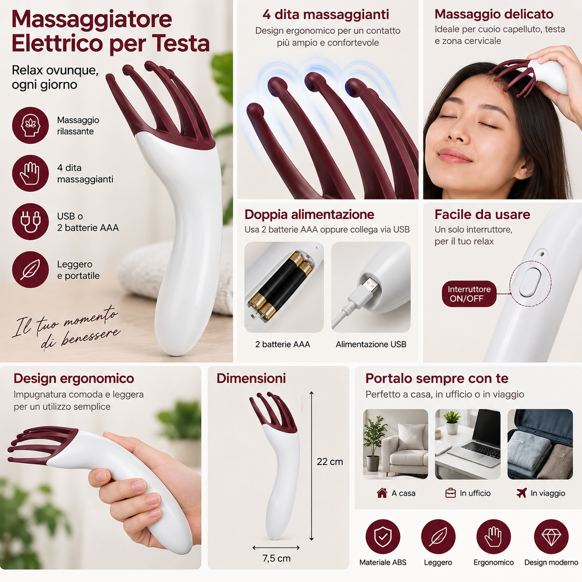 Massaggiatore Elettrico per Testa e Cuoio Capelluto a 4 Dita – USB o Batterie