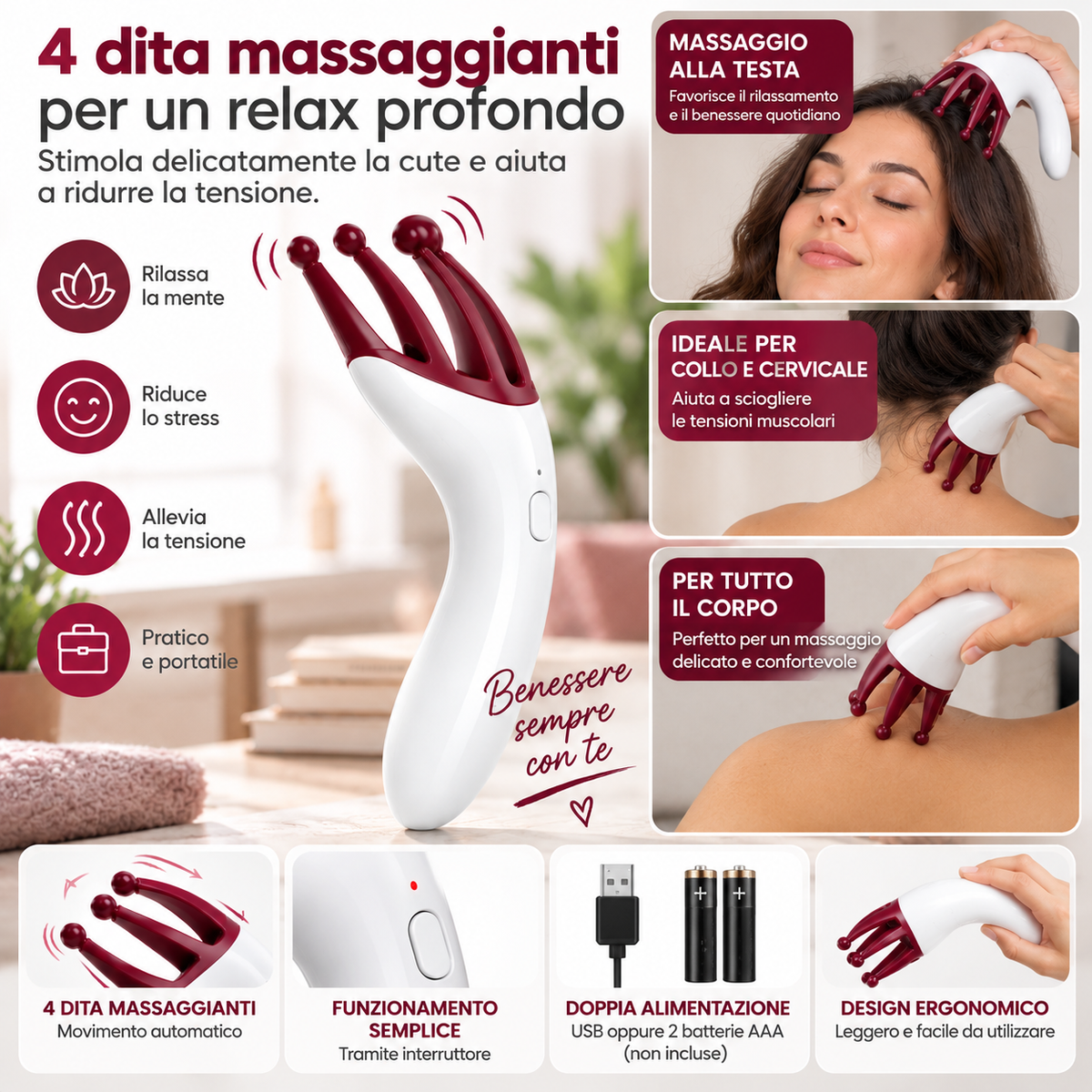 Massaggiatore Elettrico per Testa e Cuoio Capelluto a 4 Dita – USB o Batterie