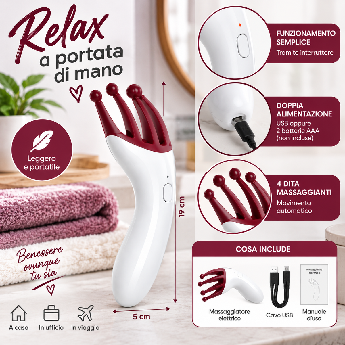 Massaggiatore Elettrico per Testa e Cuoio Capelluto a 4 Dita – USB o Batterie