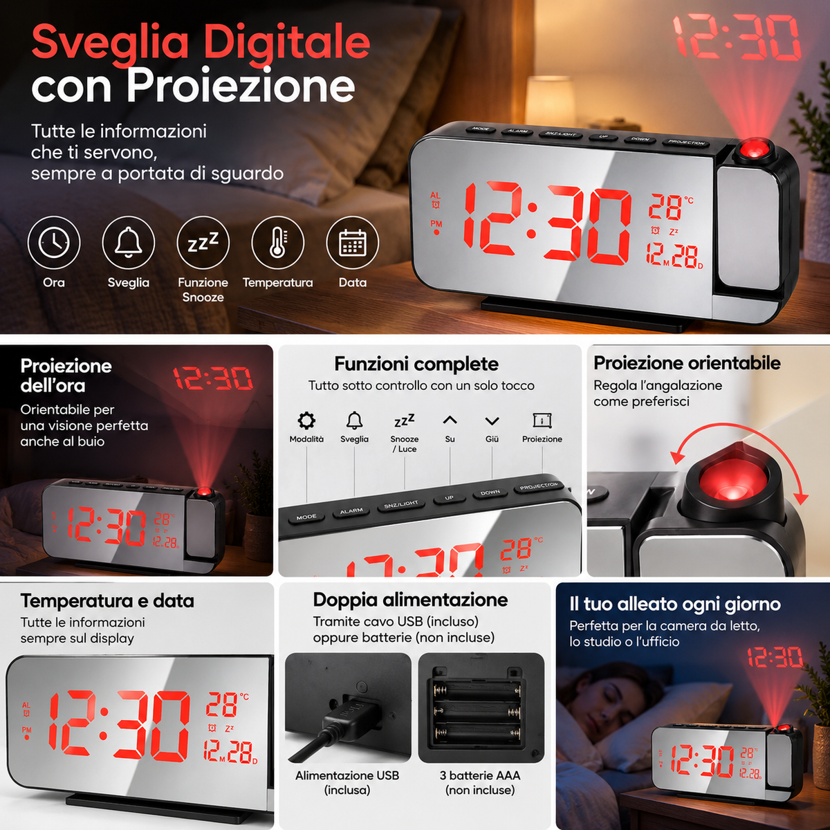 Orologio Sveglia Digitale a Specchio LED con Proiezione dell’Ora e Temperatura