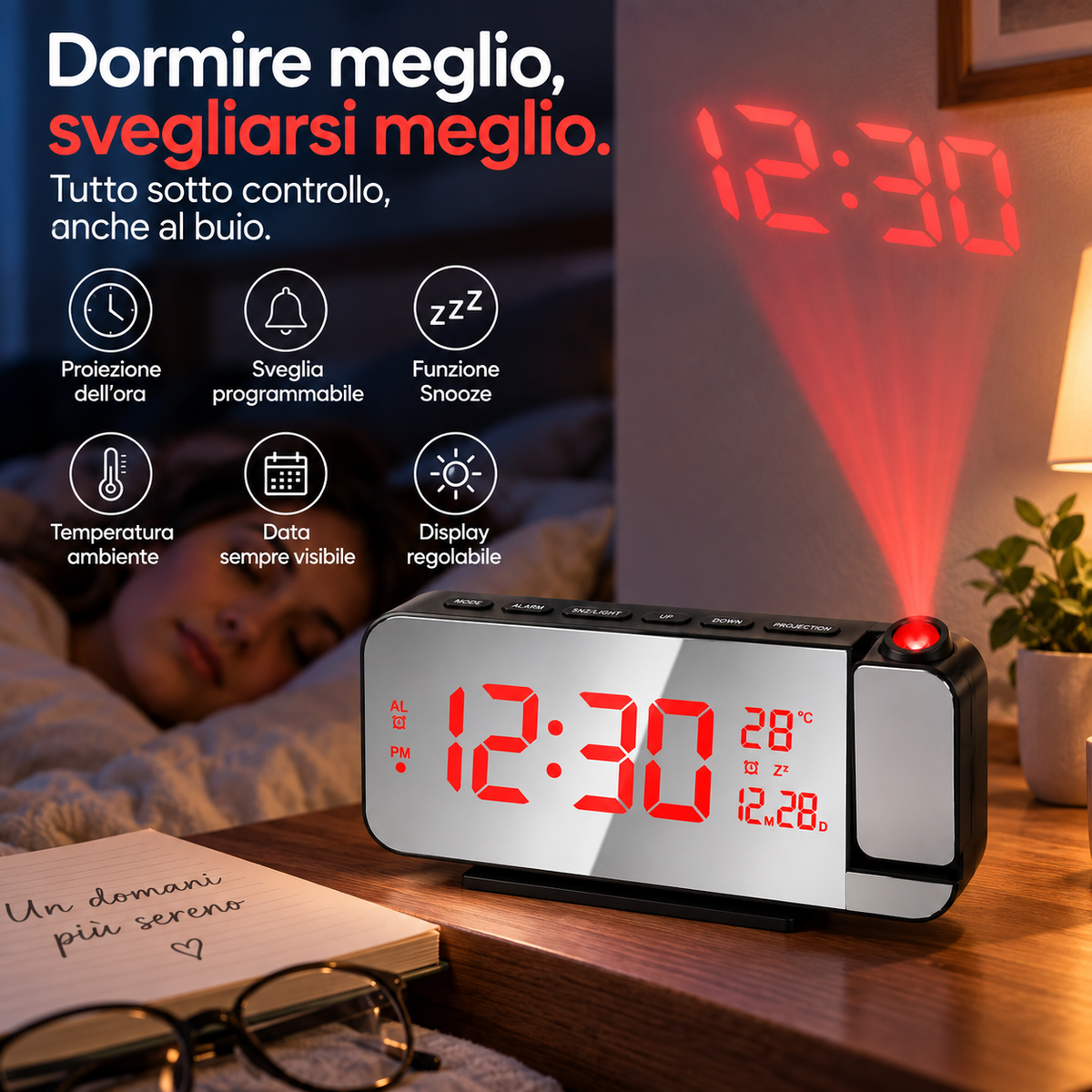 Orologio Sveglia Digitale a Specchio LED con Proiezione dell’Ora e Temperatura