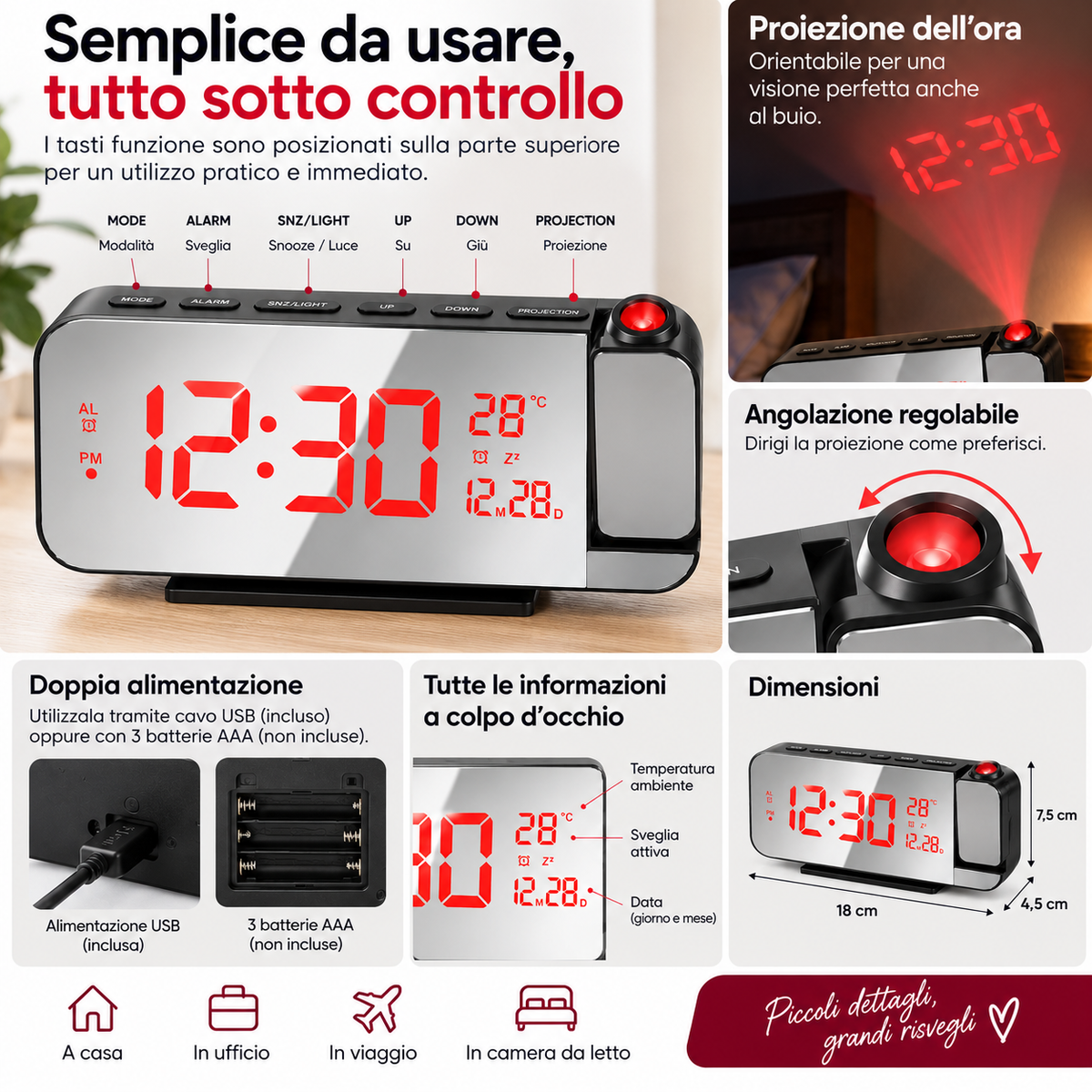 Orologio Sveglia Digitale a Specchio LED con Proiezione dell’Ora e Temperatura