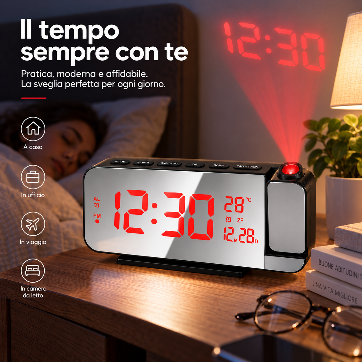 Orologio Sveglia Digitale a Specchio LED con Proiezione dell’Ora e Temperatura