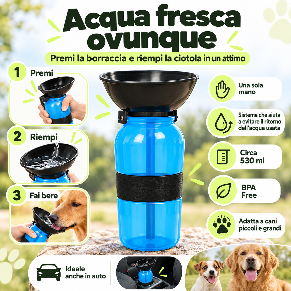 Borraccia Portatile per Cani con Ciotola Integrata 530 ml – Aqua Dog