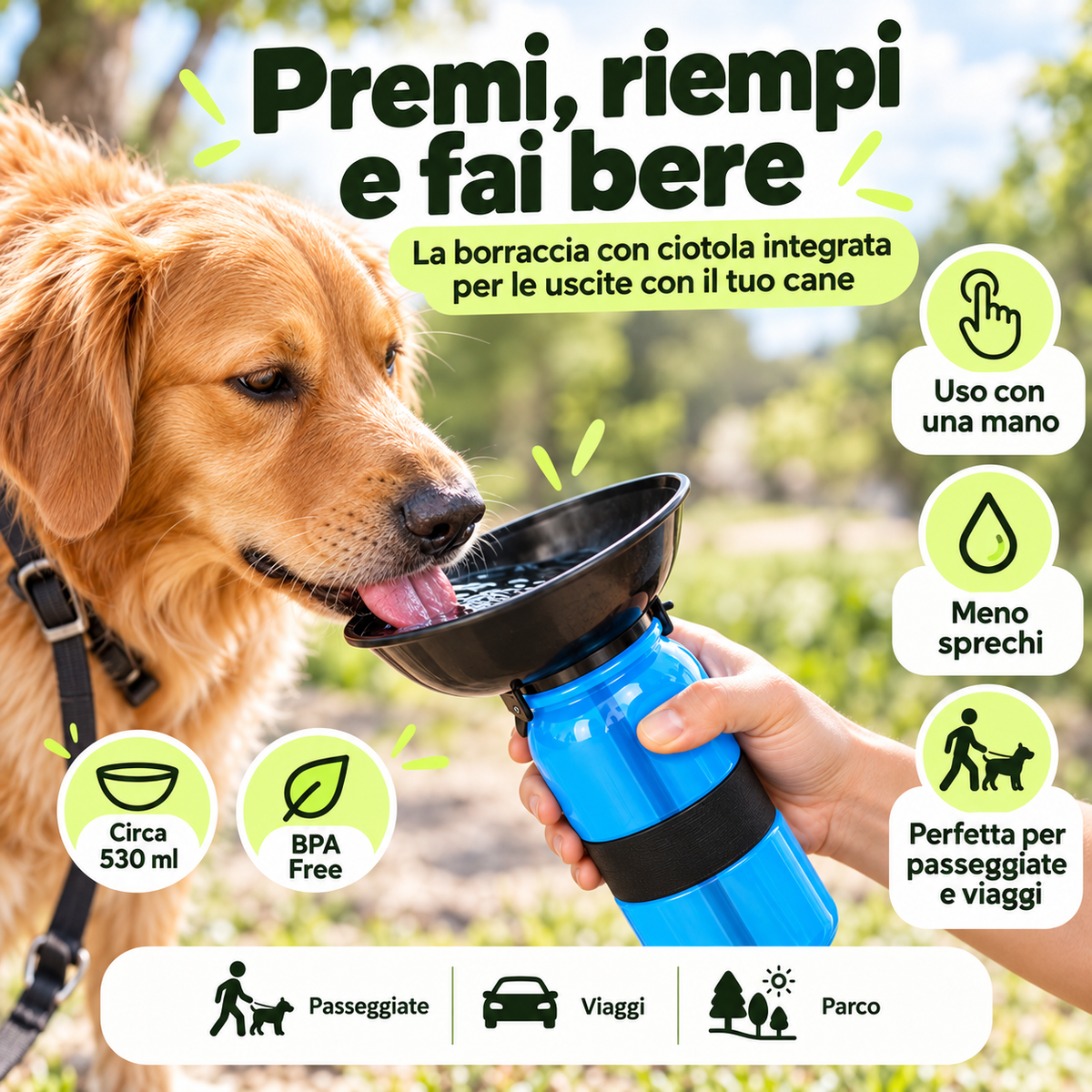 Borraccia Portatile per Cani con Ciotola Integrata 530 ml – Aqua Dog