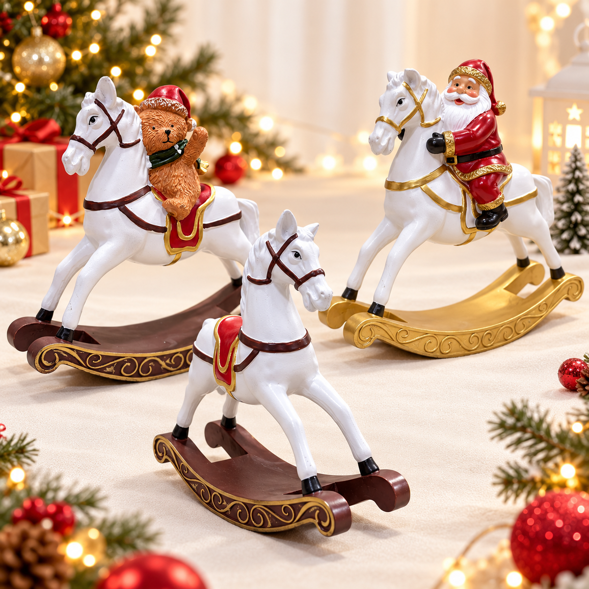 Cavallo a dondolo natalizio decorativo – Statuina e addobbo di Natale per casa, con Babbo Natale, orsetto o senza personaggio
