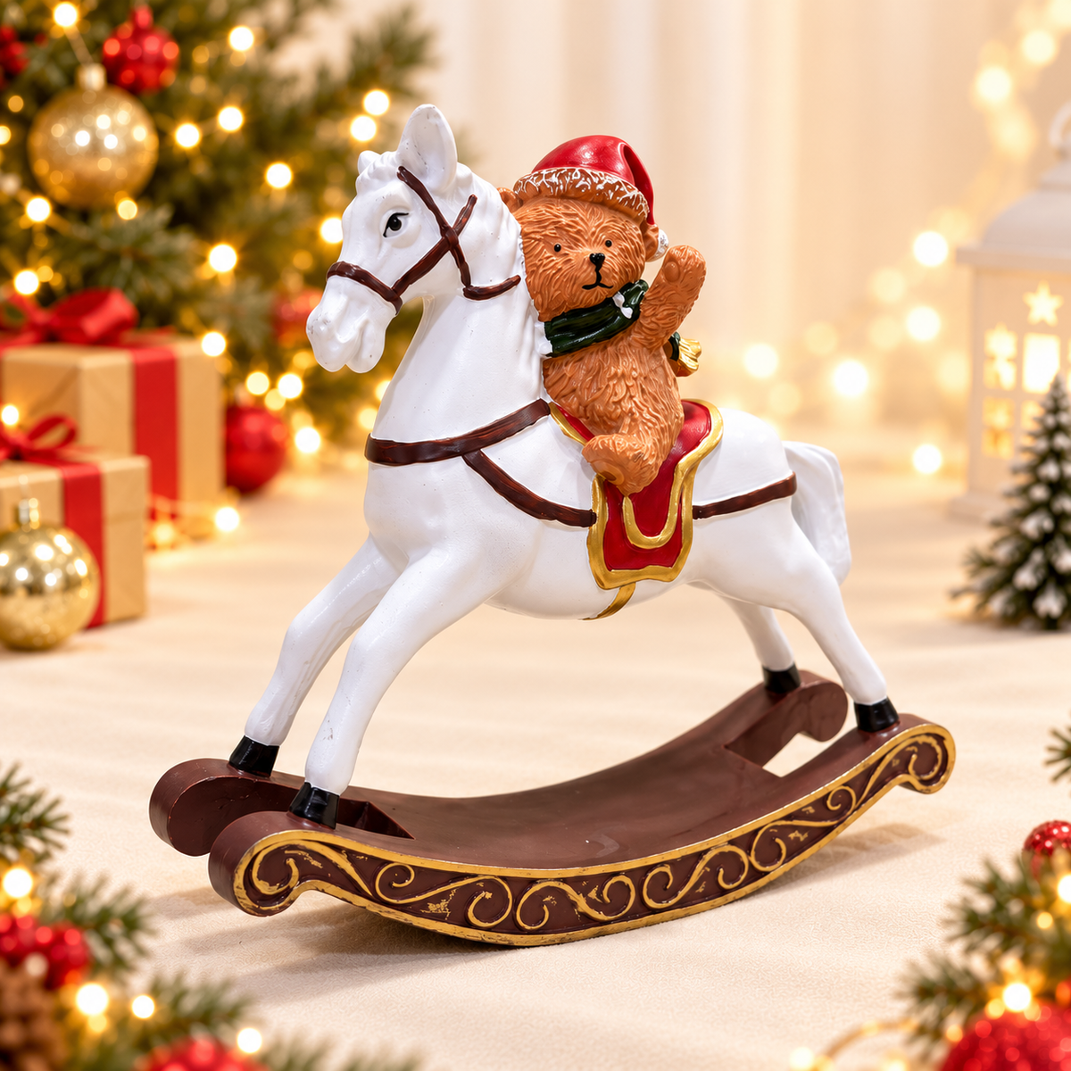 Cavallo a dondolo natalizio decorativo – Statuina e addobbo di Natale per casa, con Babbo Natale, orsetto o senza personaggio