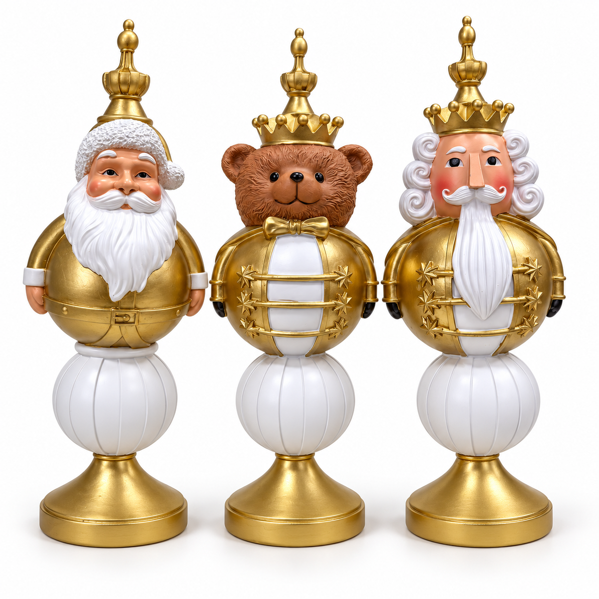 Statuina natalizia bianca e oro 35 e 50 cm – Addobbo di Natale con Babbo Natale, orsetto o soldatino