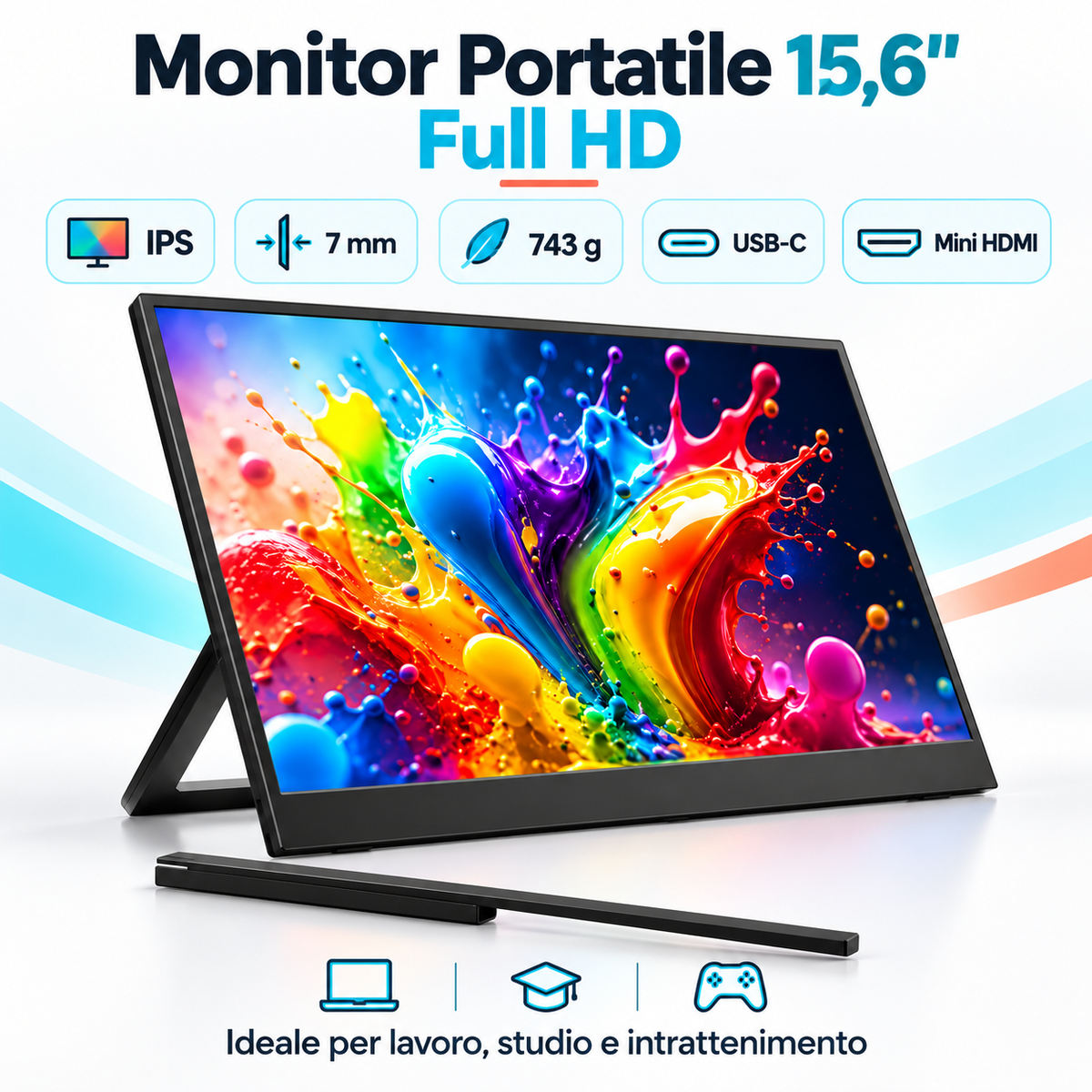 Monitor Portatile Atlantis 15,6" Full HD IPS 1080p USB-C HDMI con Supporto Integrato