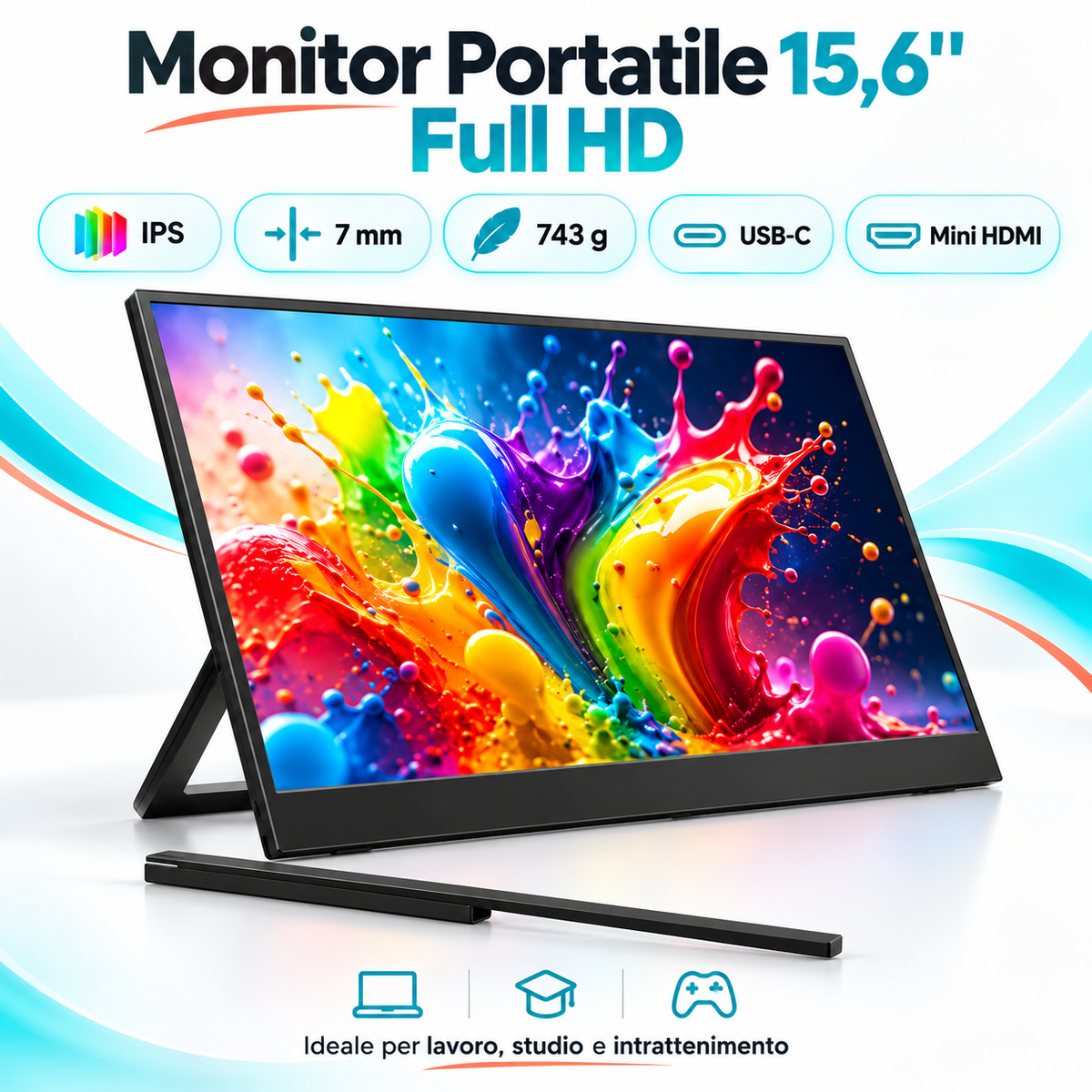 Monitor Portatile Atlantis 15,6" Full HD IPS 1080p USB-C HDMI con Supporto Integrato