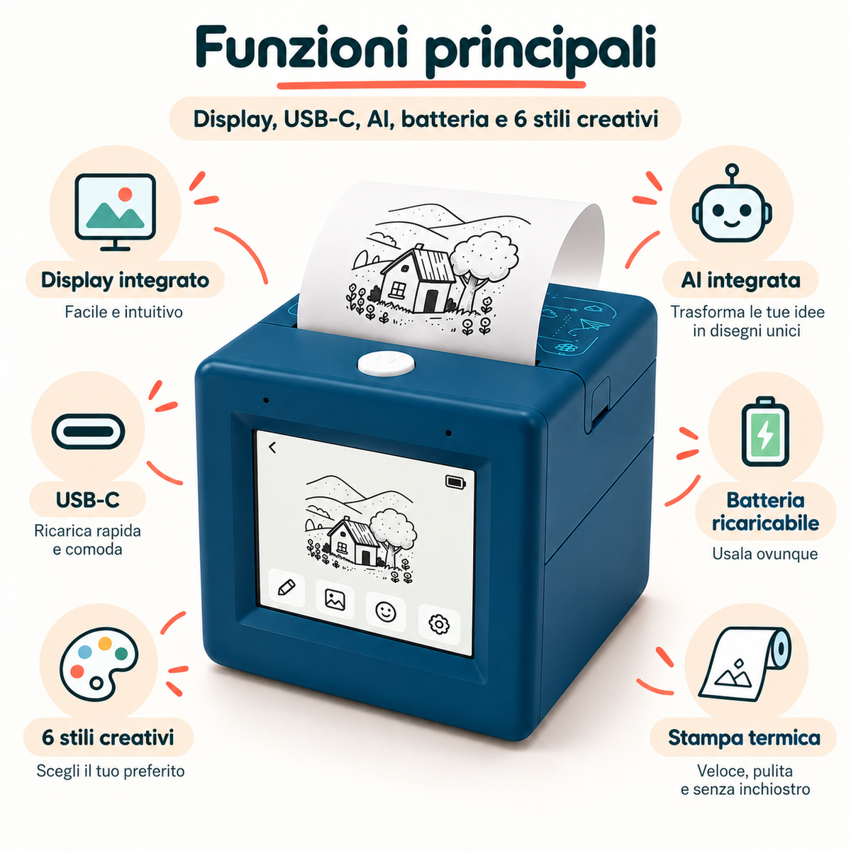 Stampante AI Oregon Scientific LP28AI con Comando Vocale, Mini Stampante Termica Portatile per Disegni, Etichette e Foto
