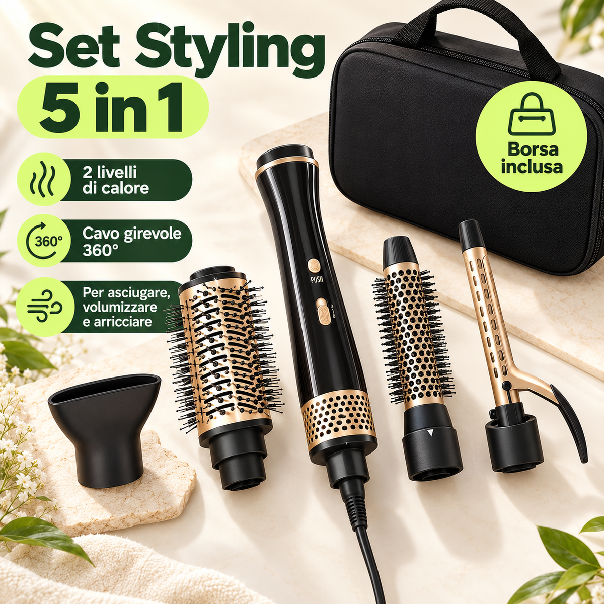 Spazzola Asciugacapelli 5 in 1 ad Aria Calda 700W con Accessori per Lisciare, Arricciare e Dare Volume