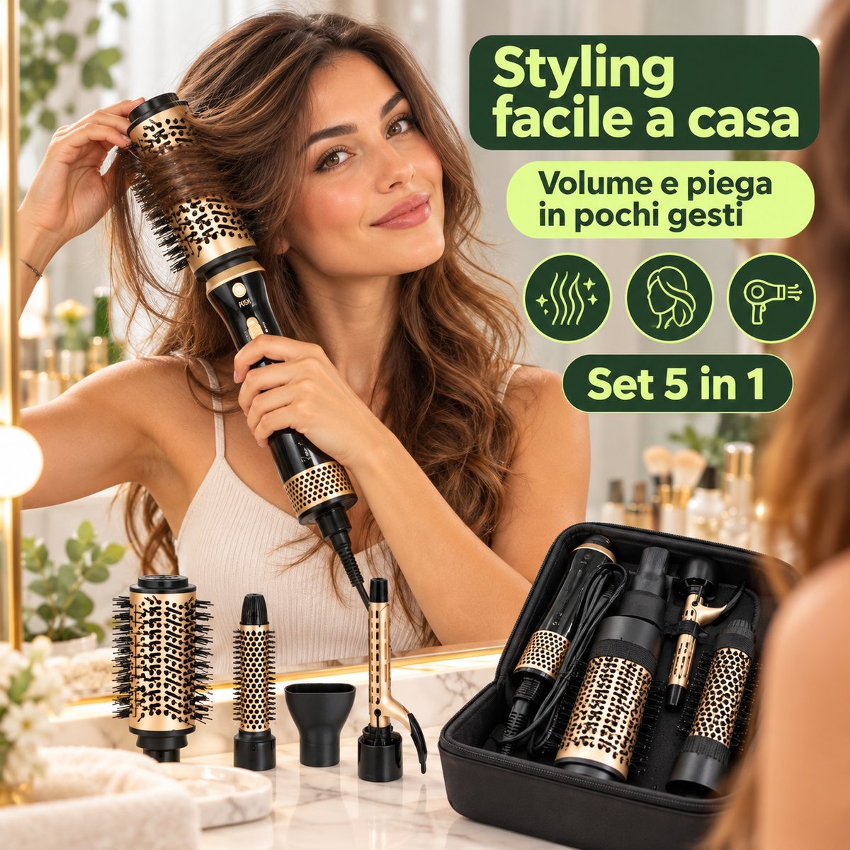 Spazzola Asciugacapelli 5 in 1 ad Aria Calda 700W con Accessori per Lisciare, Arricciare e Dare Volume