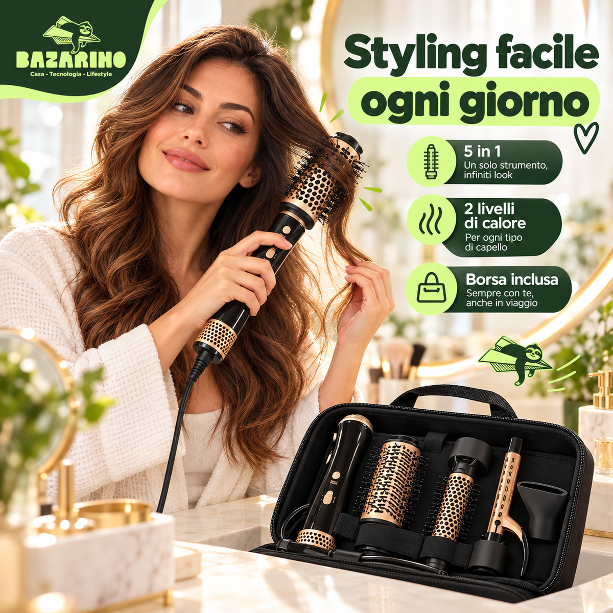 Spazzola Asciugacapelli 5 in 1 ad Aria Calda 700W con Accessori per Lisciare, Arricciare e Dare Volume