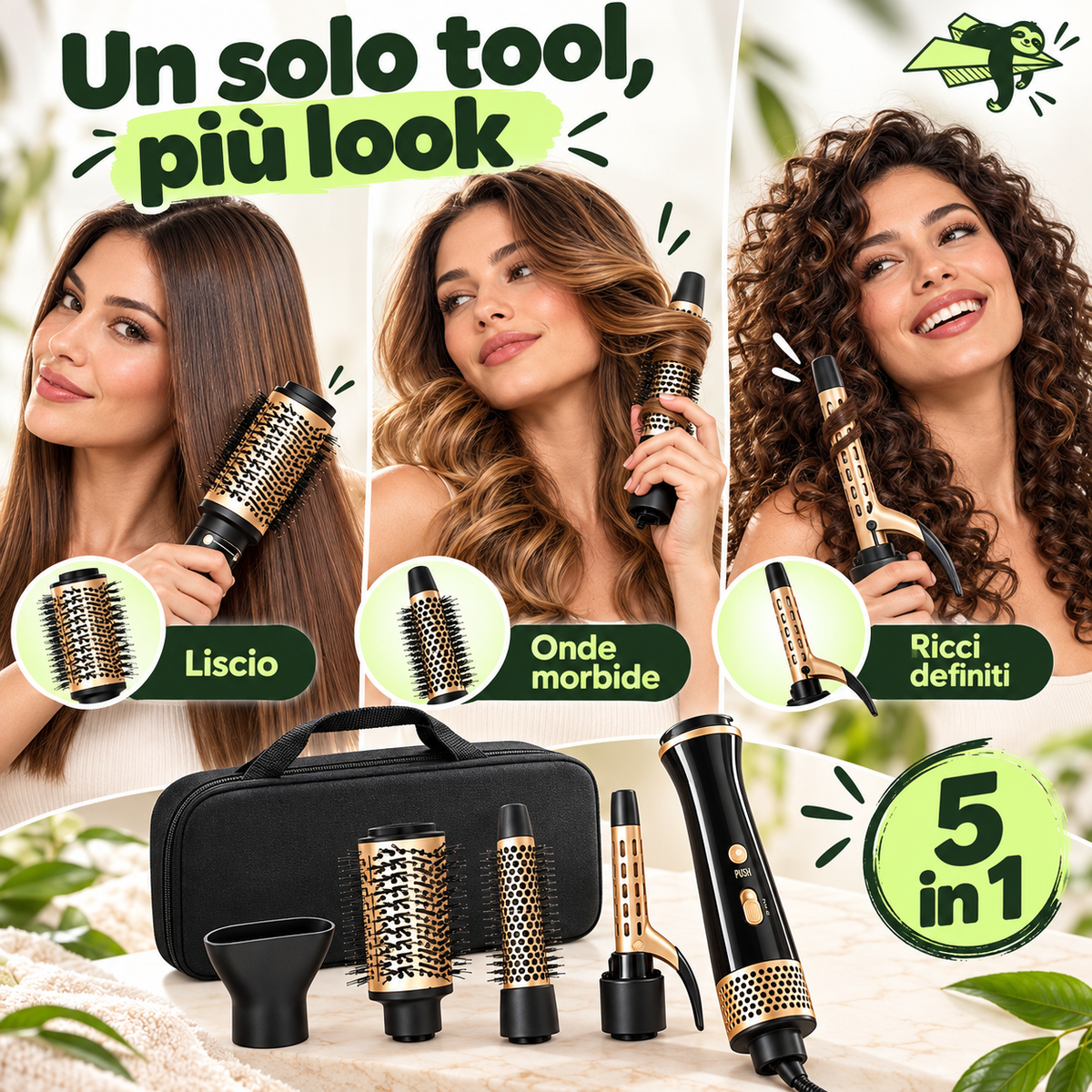 Spazzola Asciugacapelli 5 in 1 ad Aria Calda 700W con Accessori per Lisciare, Arricciare e Dare Volume