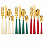 Set posate 24 pezzi in acciaio oro e manico colorato – Servizio da tavola per 6 persone