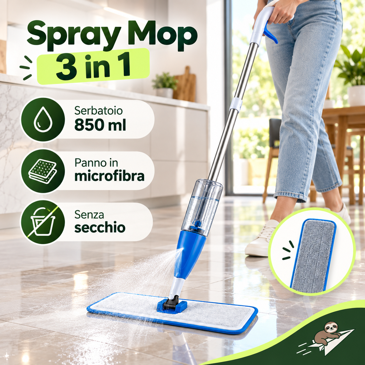 Spray Mop 3 in 1 Lavapavimenti con Serbatoio 850 ml e Panno in Microfibra – Scopa con Spruzzo