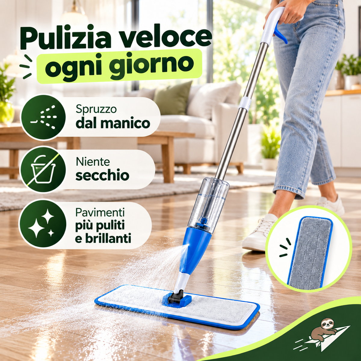 Spray Mop 3 in 1 Lavapavimenti con Serbatoio 850 ml e Panno in Microfibra – Scopa con Spruzzo