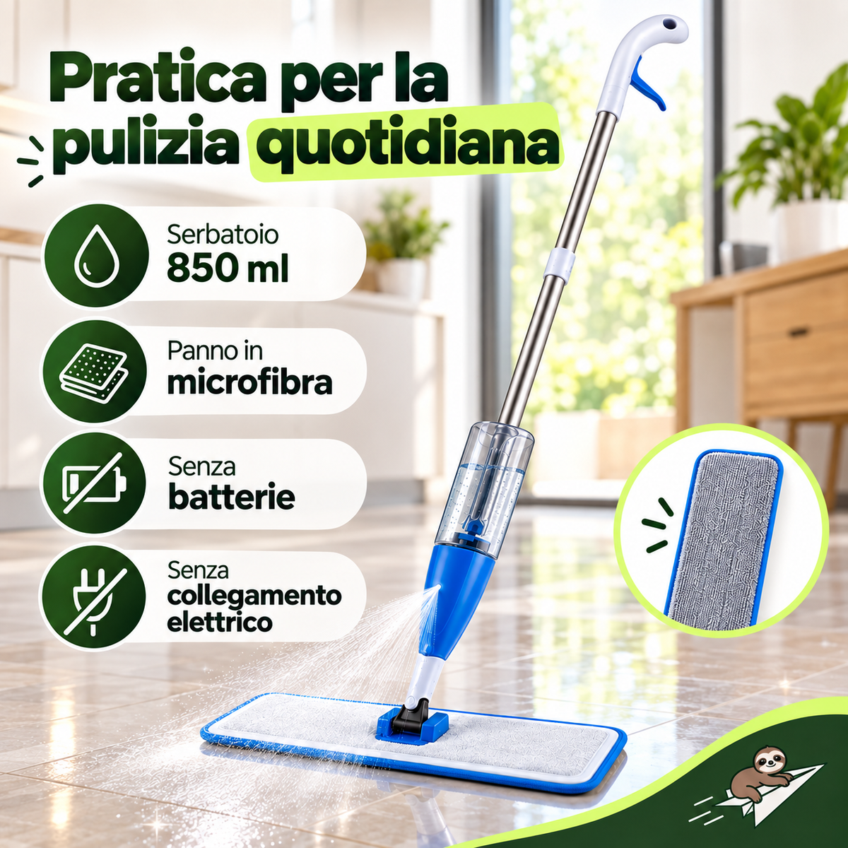 Spray Mop 3 in 1 Lavapavimenti con Serbatoio 850 ml e Panno in Microfibra – Scopa con Spruzzo