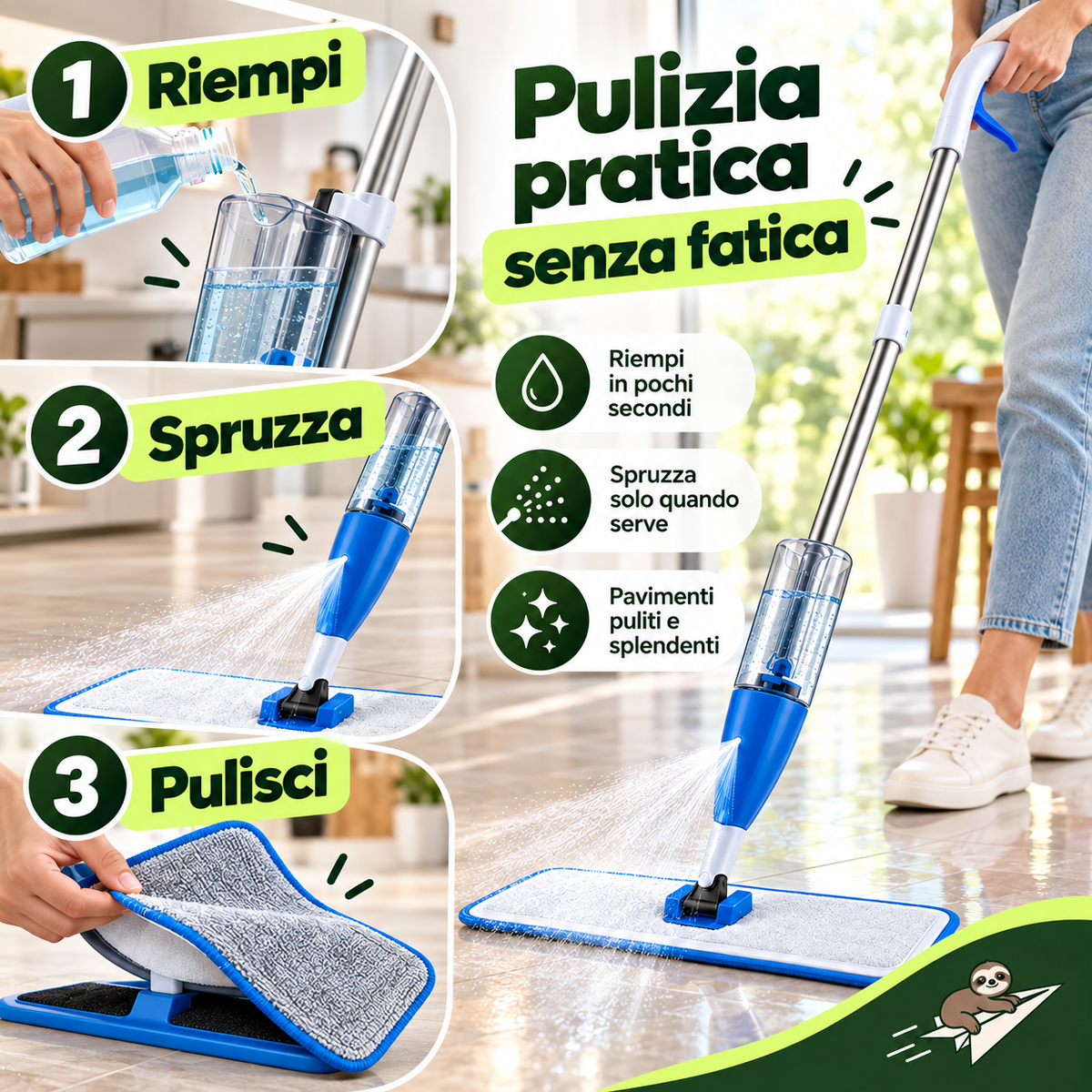 Spray Mop 3 in 1 Lavapavimenti con Serbatoio 850 ml e Panno in Microfibra – Scopa con Spruzzo