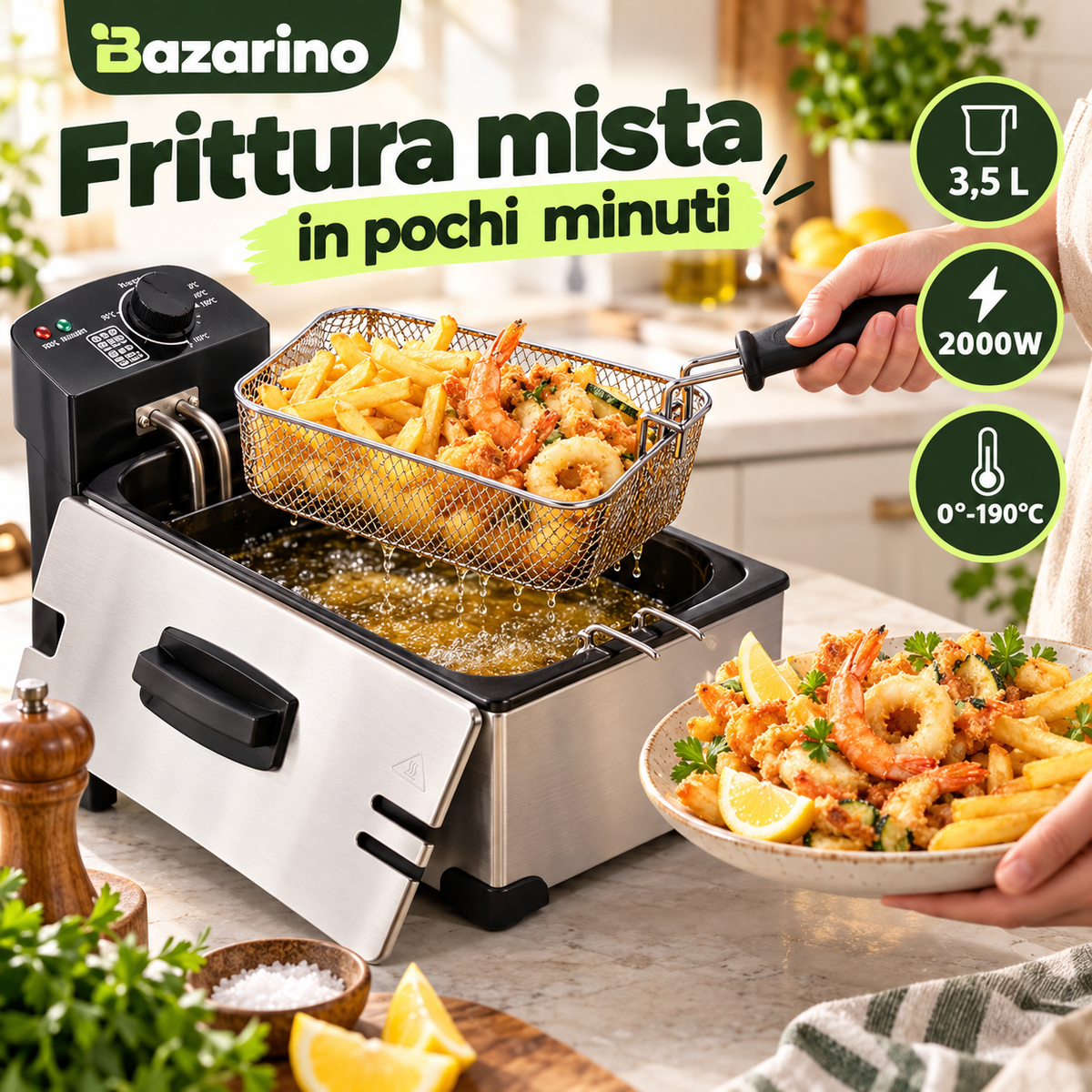 Friggitrice Elettrica 3,5 L 2000W in Acciaio con Cestello Estraibile e Temperatura Regolabile