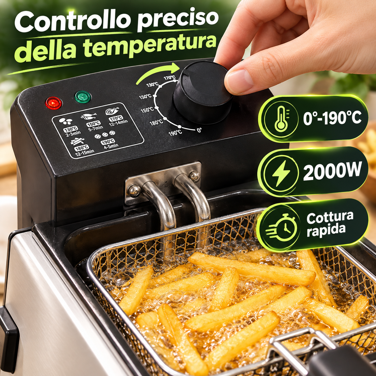 Friggitrice Elettrica 3,5 L 2000W in Acciaio con Cestello Estraibile e Temperatura Regolabile
