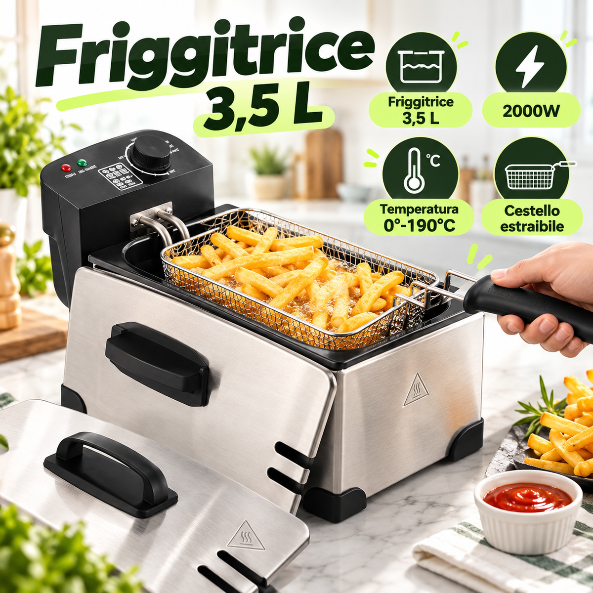 Friggitrice Elettrica 3,5 L 2000W in Acciaio con Cestello Estraibile e Temperatura Regolabile