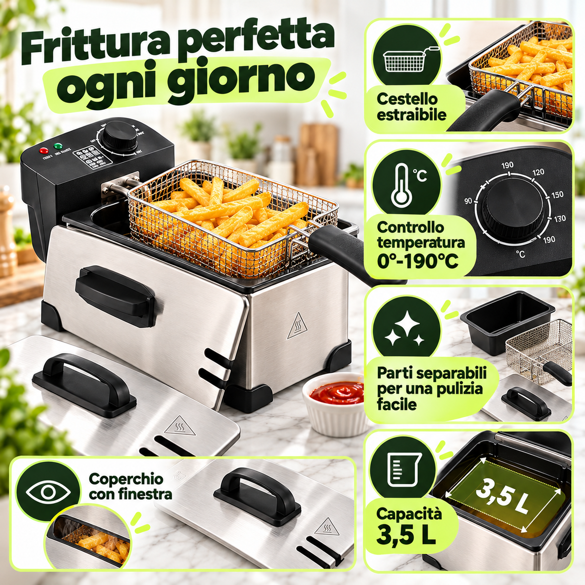 Friggitrice Elettrica 3,5 L 2000W in Acciaio con Cestello Estraibile e Temperatura Regolabile