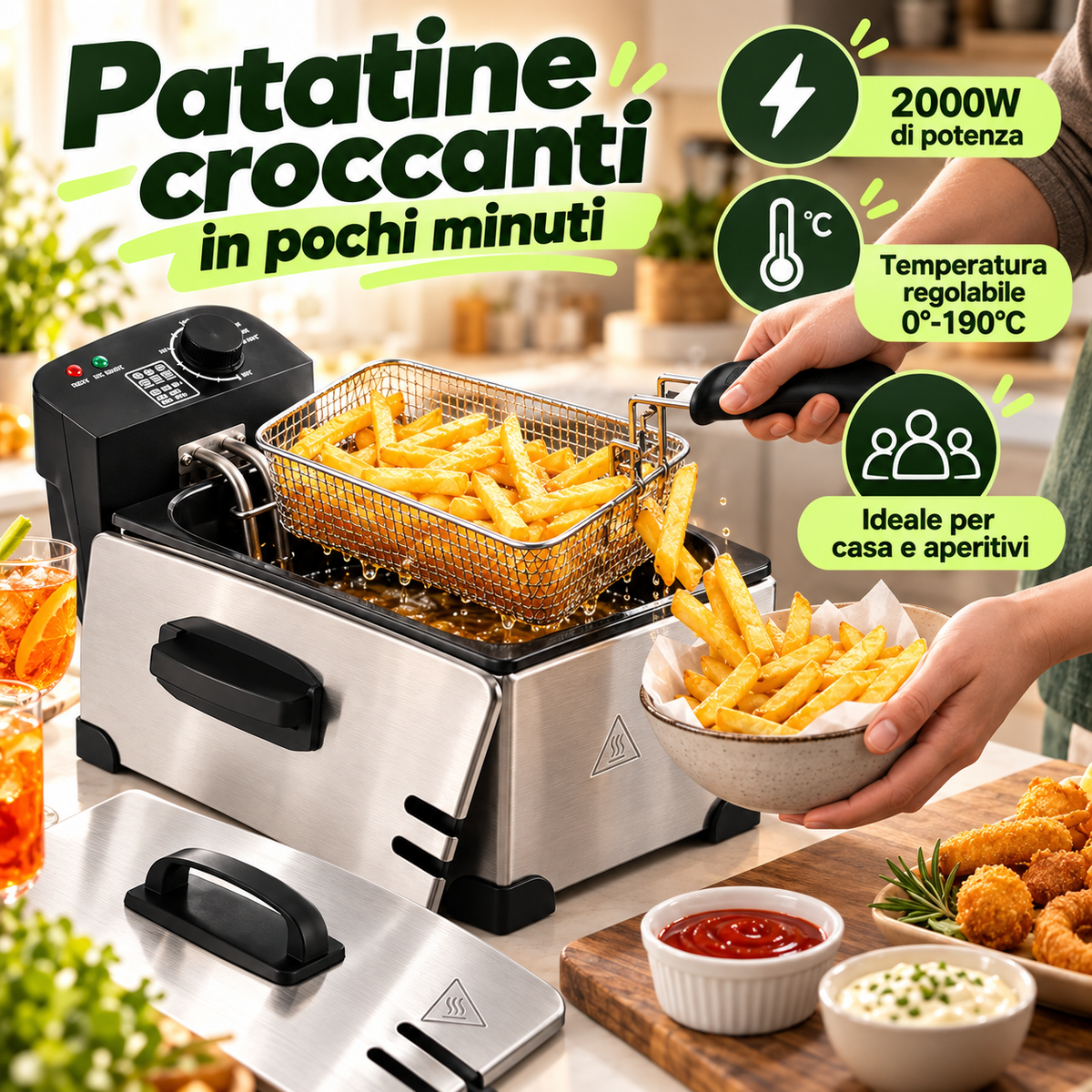 Friggitrice Elettrica 3,5 L 2000W in Acciaio con Cestello Estraibile e Temperatura Regolabile