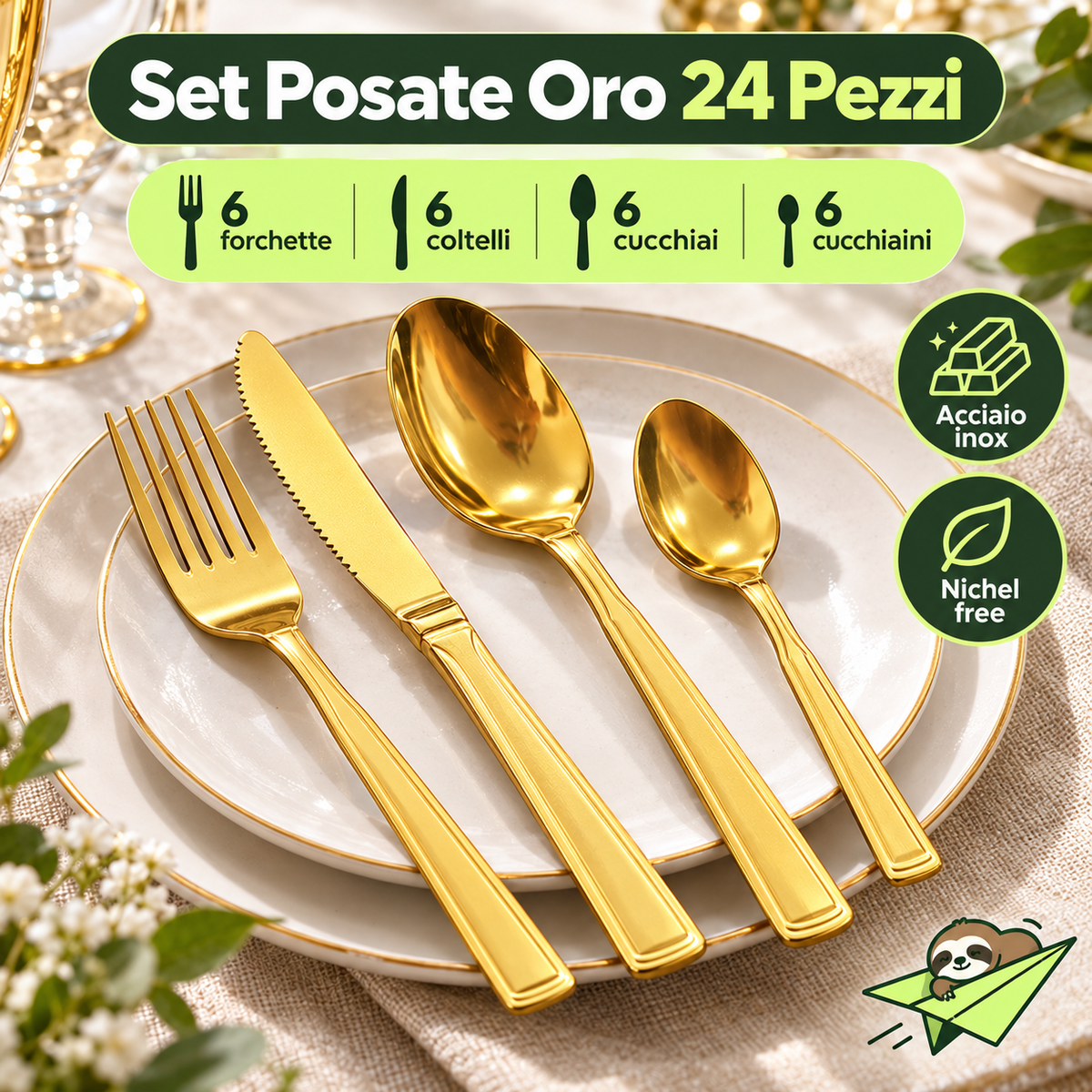 Set Posate 24 Pezzi Oro in Acciaio Inox – Servizio per 6 Persone