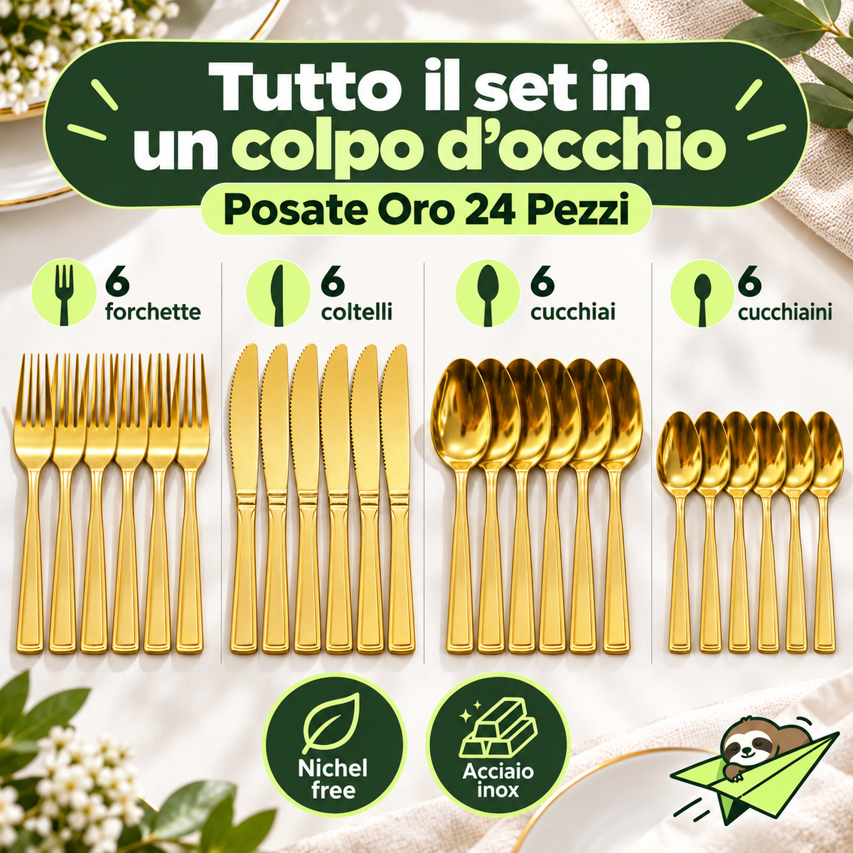 Set Posate 24 Pezzi Oro in Acciaio Inox – Servizio per 6 Persone