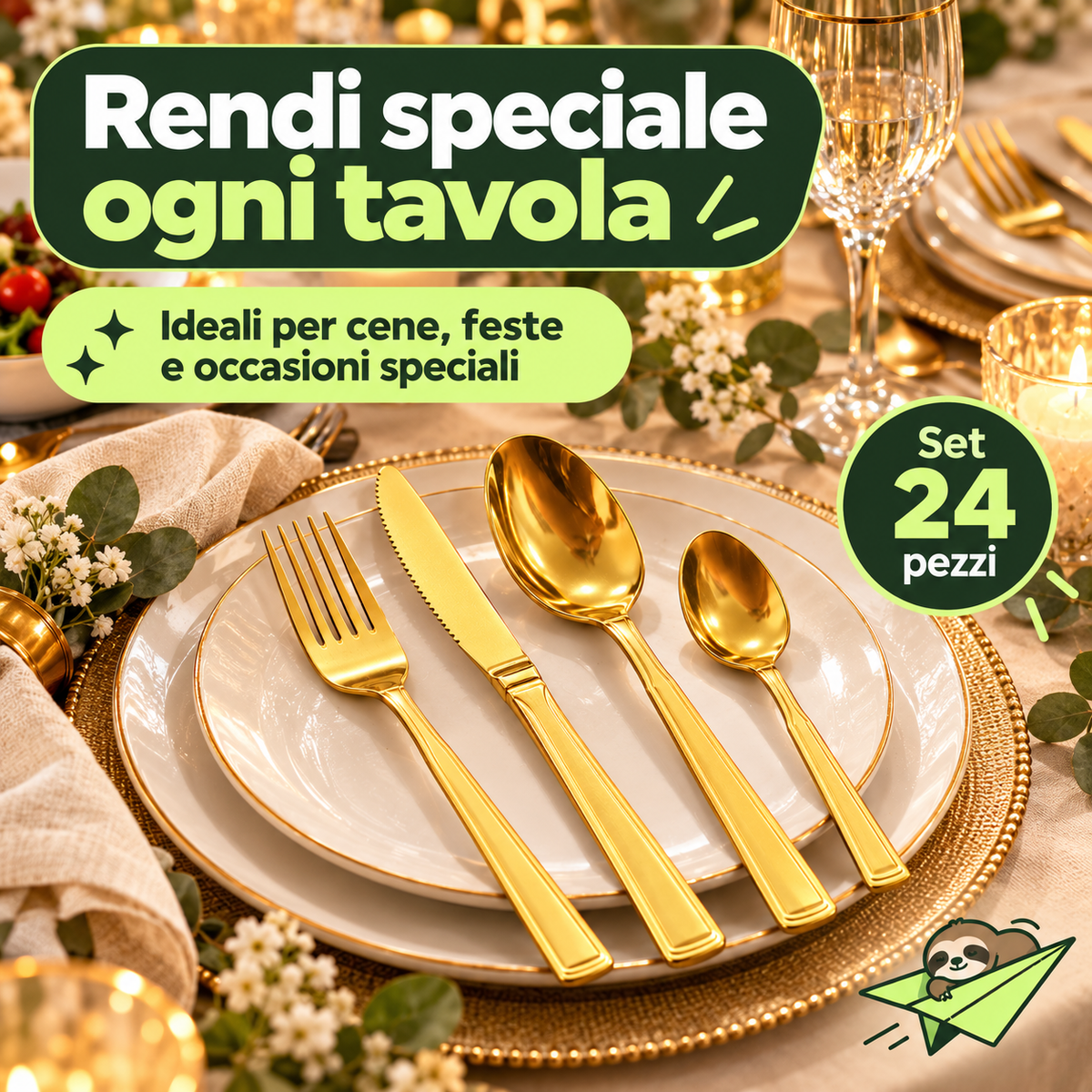 Set Posate 24 Pezzi Oro in Acciaio Inox – Servizio per 6 Persone