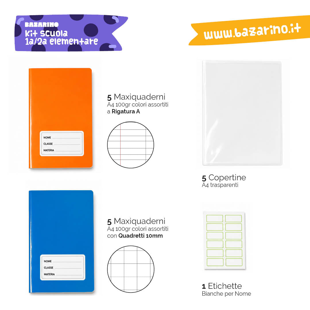 Kit Scuola 1ª/2ª Elementare – 10 Maxiquaderni A4 100g + Copertine + Etichette