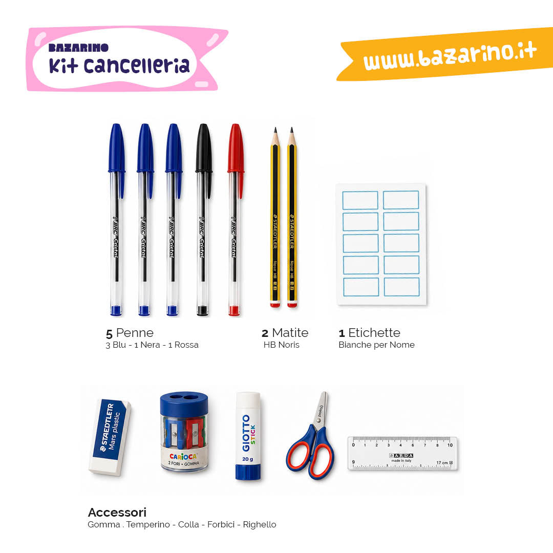 Kit Cancelleria Base Scuola – Penne, Matite e Accessori Essenziali