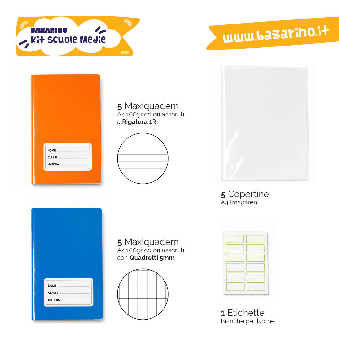 Kit Scuole Medie – 10 Maxiquaderni A4 100g + Copertine + Etichette
