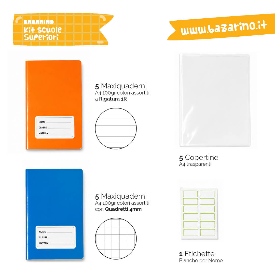 Kit Scuole Superiori – 10 Maxiquaderni A4 100g + Copertine + Etichette
