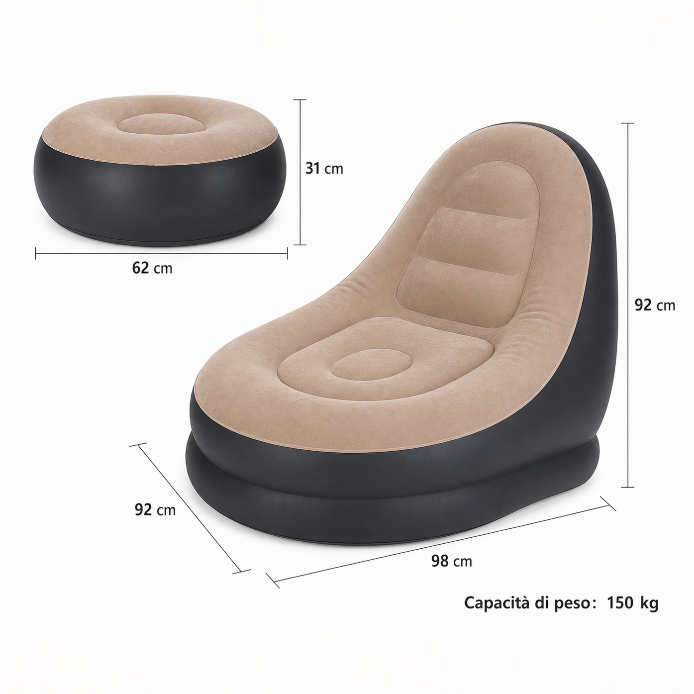 Poltrona Gonfiabile Comfort con Poggiapiedi – Uso Interno, Design Moderno