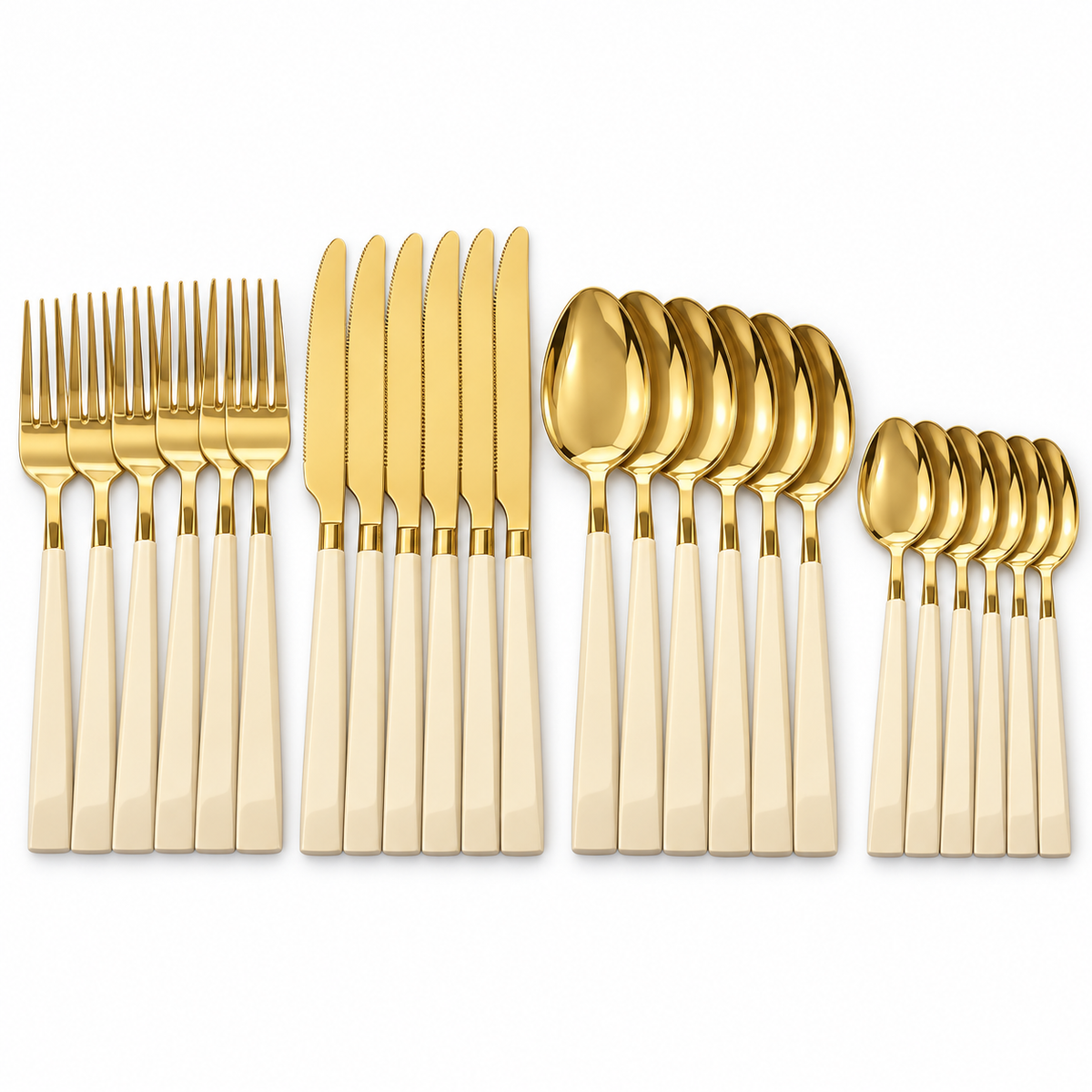 Set posate 24 pezzi in acciaio oro e manico colorato – Servizio da tavola per 6 persone