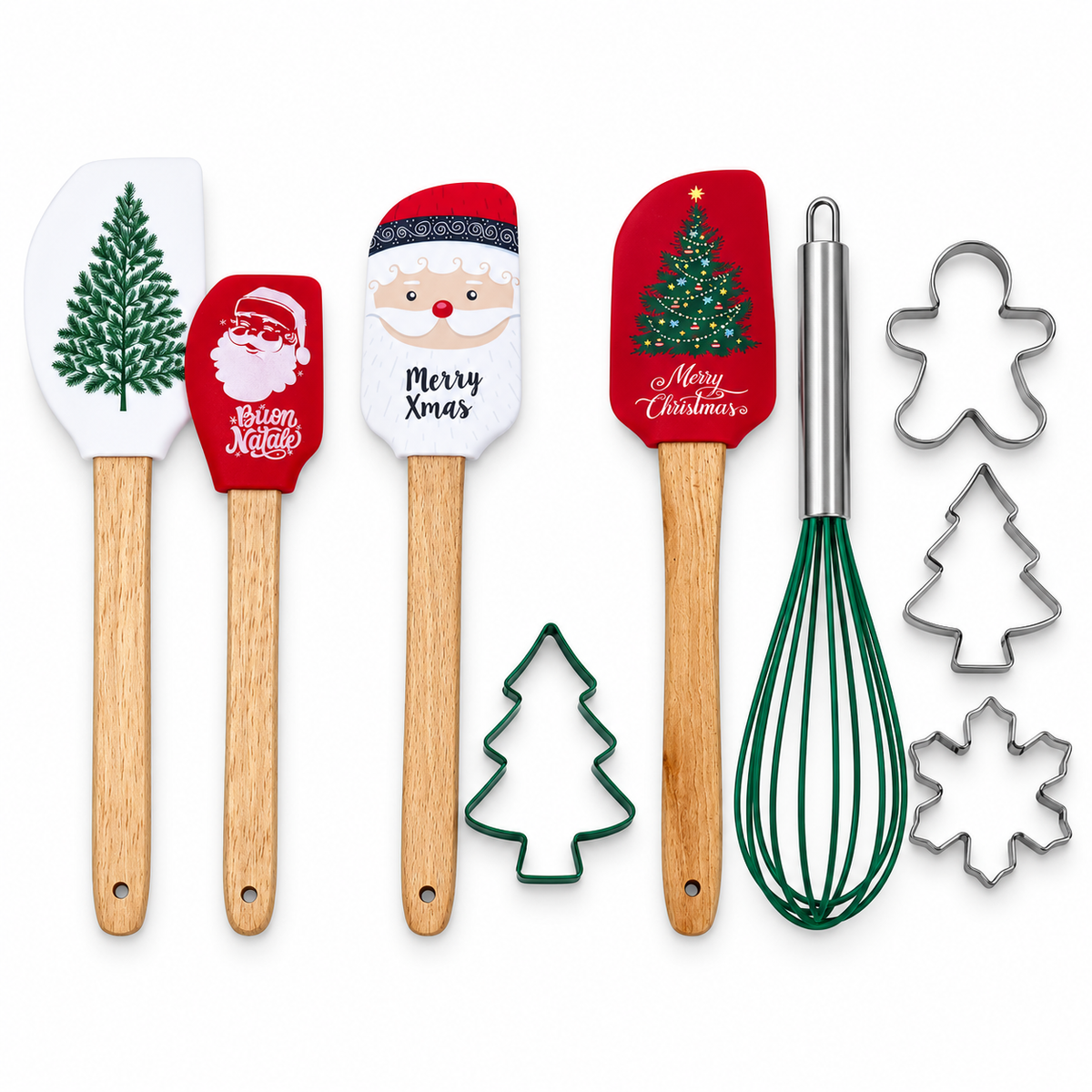 Set utensili da cucina natalizi – Spatole, formine per biscotti e frusta, diverse composizioni per dolci di Natale